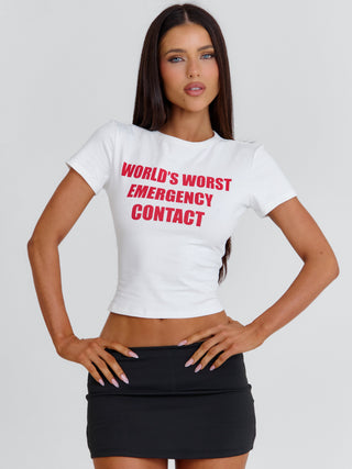 EMERGENCY CONTACT BABY TEE WHITE Crop Top 