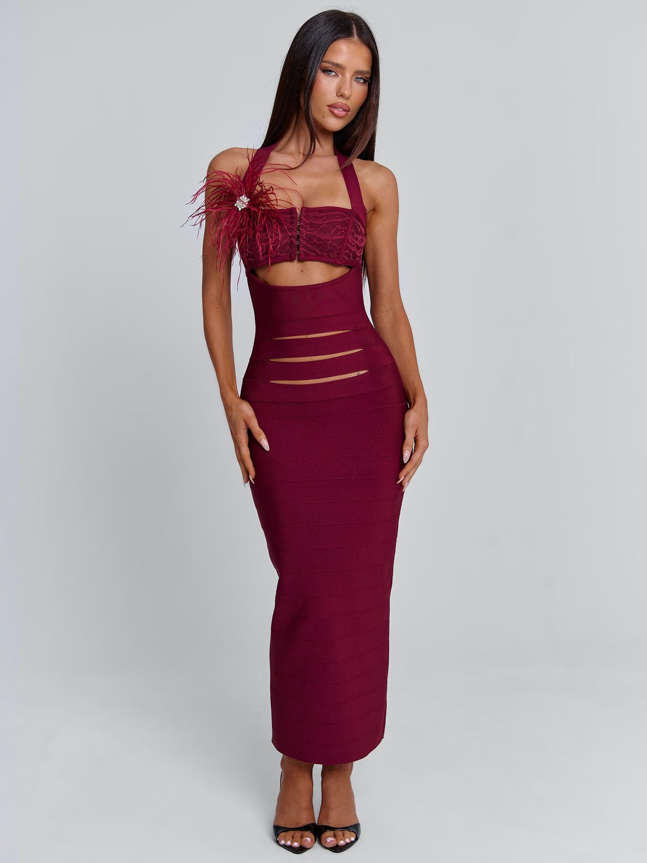 knee length dresses for ladies Madison Burgundy Bridesmaid Tulle Midi Dress  Lace & Beads