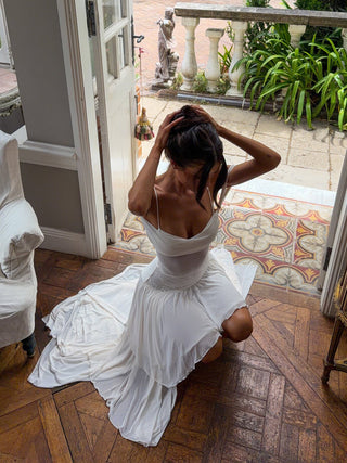 ivory maxi dress uk Noelle Strappy Tiered Satin Maxi Dress